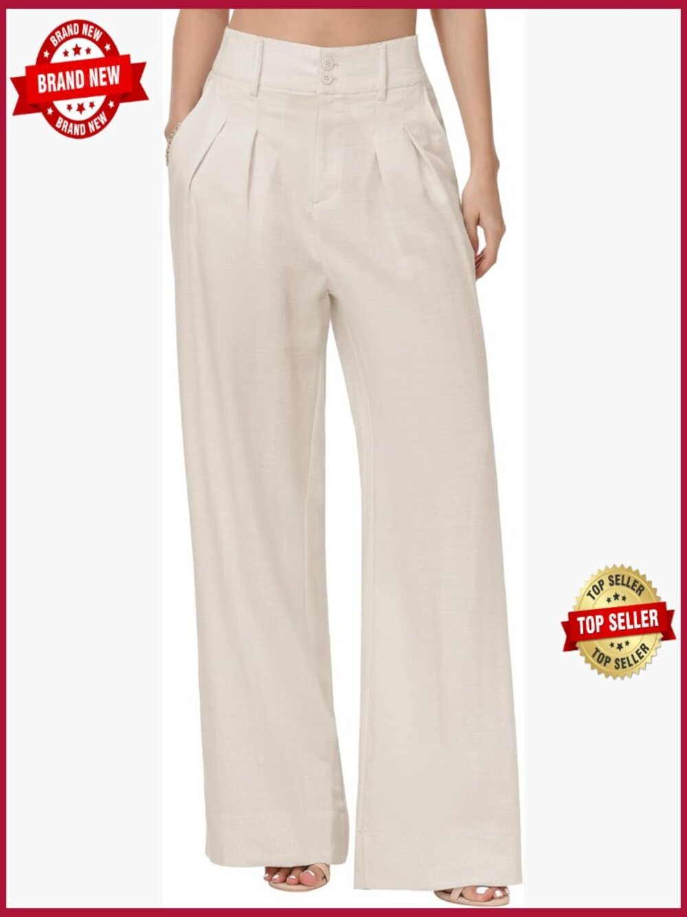 Wide Leg Linen Blend Trousers High Waisted Pleated 32-36 Inseam